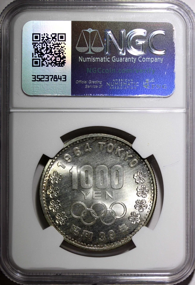 JAPÓN Plata S39 1964 1000 Yenes Juegos Olímpicos, Tokio NGC MS67 Buen Tono Y# 80 (18) Foto 3 de 4