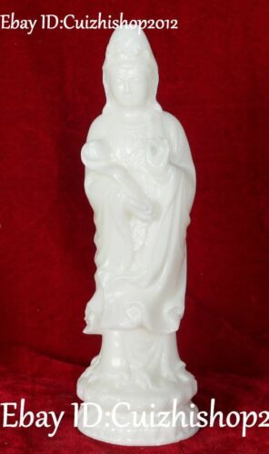 11" Natural White Jade Hand Carving Ruyi Kwan-yin Guanyin Guan Yin Goddess Stat