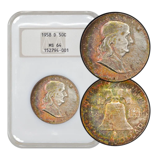 1958-D 50C Franklin Half Dollar Old NGC Fatty MS64 - Lovely Rainbow Toning