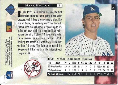 1994 Upper Deck  Electric Diamond Mark Hutton 18 Yankees - Picture 2 of 2