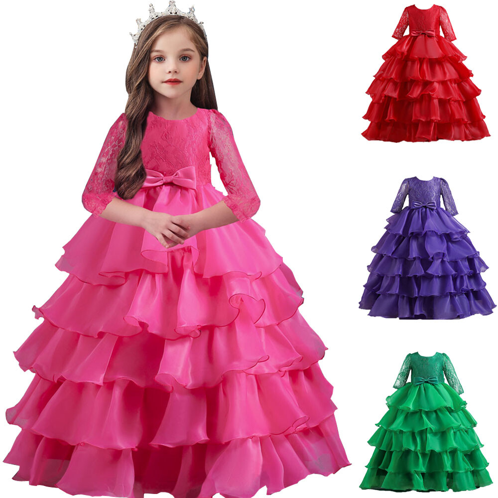 Lace Flower Kids Girls Wedding Party Pageant Evening Long Maxi Dress Child Gown
