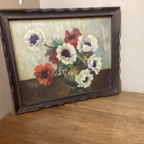 Antique Framed Floral Print Circa 1920-30’s Signed Schaffer Mirror On Backside