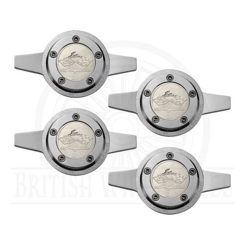 Impala Chrome Wire Wheel Chips with Chrome Knockoff Spinner Caps, Set of 4 - Picture 50 of 70
