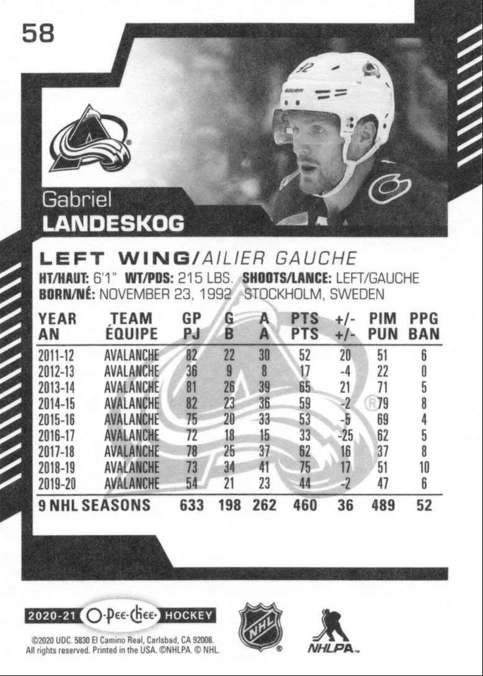 2020-21 O-Pee-Chee Gabriel Landeskog Colorado Avalanche #58 - Image 2 of 2