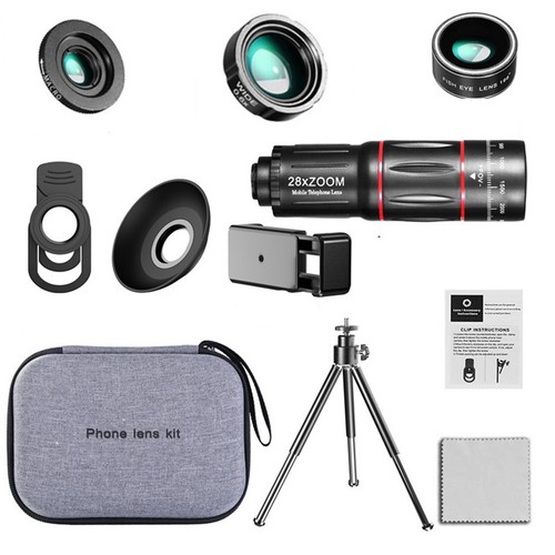 28X HD Cellphone Clip Camera Macro Telescope Zoom Fish Eye Lens Tripod Kit F