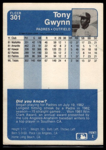 1984 Fleer Tony Gwynn #301 San Diego Padres *LESEN - Bild 2 von 2