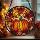 Pumpkin Stained Glass Suncatcher Window Hanging, Autumn Fall Leaves Glass
