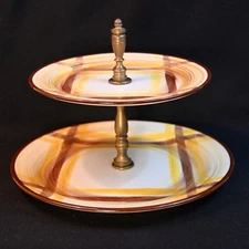 Vernon Vernonware Serving Tray Two Tier Organdie Plaid Brown Yellow 1937-1958