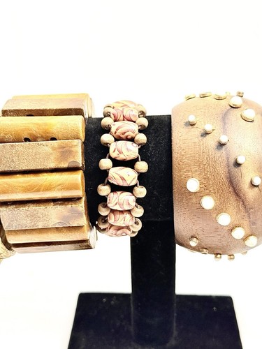 Vintage Lot Of 6 Chunky Beaded Coordinating Bracelets Wood - Picture 3 of 14