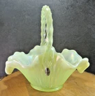 Vintage FENTON Uranium Glass Sea Mist Iridized Satin Ribbed Green Basket GLOWS