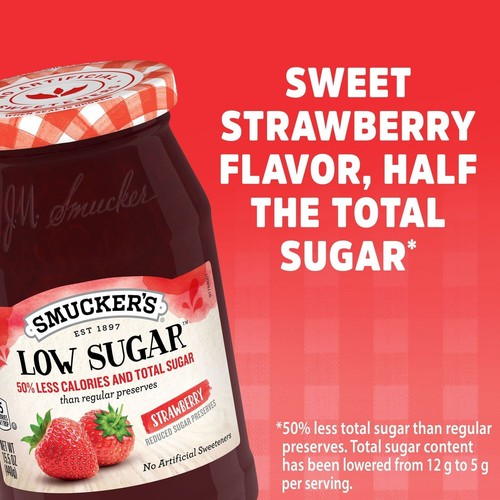 Smuckers Reduced Sugar, Strawberry Preserves, Low Sugar, 15.5oz (4 Pack) - Picture 4 of 10