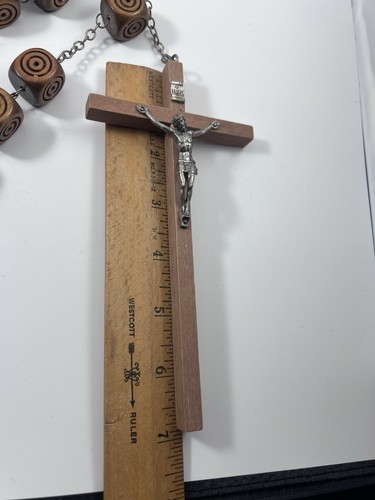 Large Square Brown Carved  Wood Bead Rosary 58” Crucifix Mother Mary Child Italy - Picture 2 of 7