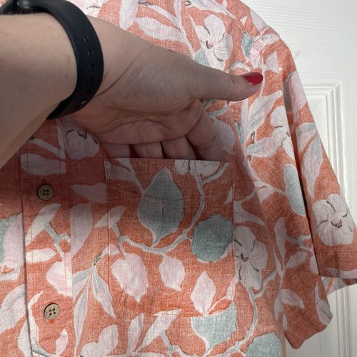 Faherty The Breeze Shirt Men Large Orange Floral Linen Blend Tropical Buitton Up - Picture 3 of 12