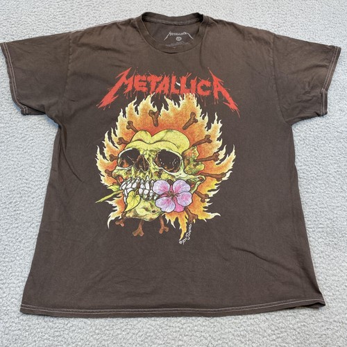 Metallica Shirt Mens Large Brown 2021 Pushead Skull Flower Flames Band Rock Tee - Picture 2 of 7
