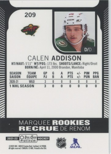 RC Calen Addison 2021-22 O-Pee-Chee Platinum #209 Minnesota Wild - Picture 2 of 2