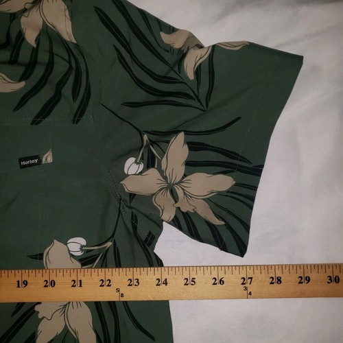 Hurley Hawaiian Camp Shirt Mens Green Beige Floral Short Sleeve Dri-Fit Hibiscus - Picture 6 of 7