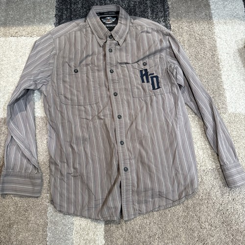 Harley Davidson Genuine Motor Long Sleeve Button Dress Shirt Gray White Brown - Picture 1 of 8