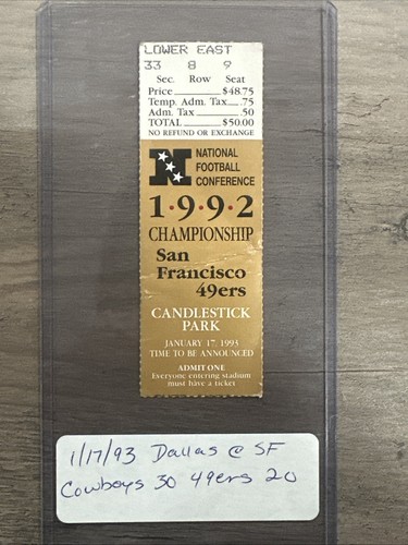 1992 NFC Championship Game 49ers NFL Ticket Stub Cowboys 1/17/93 Aikman V. Young