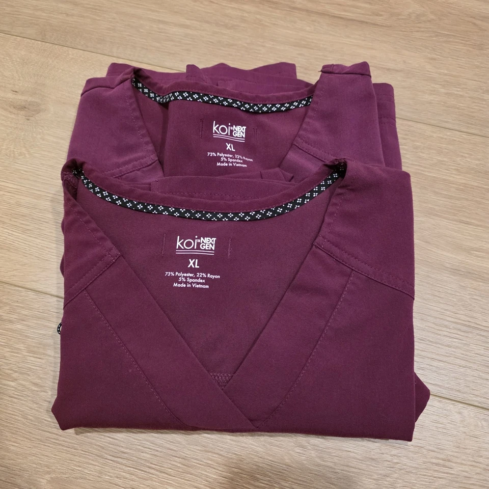 Koi Next Gen/Tech Wine Colored Scrub Lot Of 2 Sets XL/P 2 Tops 2 Pants - Image 2 of 4