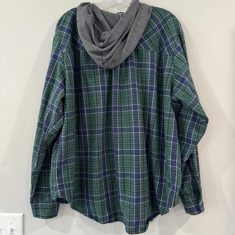Rue21 女式 Green WhitePlaid 带灰色连帽长袖纽扣 XL — 第 2/4 张图片