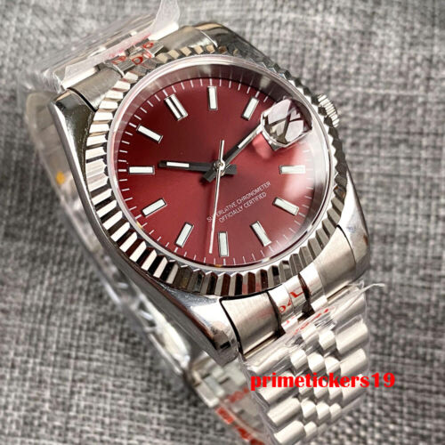 Sapphire 36mm/39mm NH35 Date Steel Automatic Men Watch Red Sunburst Fluted Bezel - Picture 4 of 7