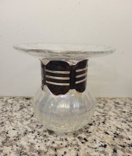 IRIDESCENT ART GLASS 5" VASE WITH METAL COLLAR - Picture 1 of 3