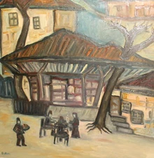 Expressionist oil painting cityscape signed