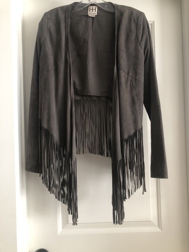 HH HAUTE HIPPIE GRAY SUEDE CROP FRINGE JACKET, Exc