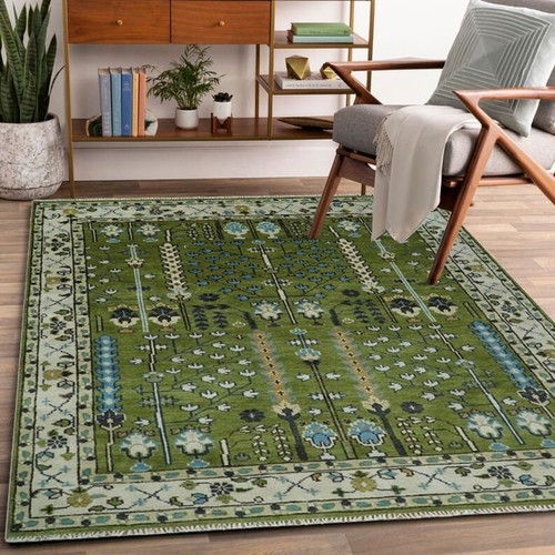 9X12 Turkish Oushak Rug Hand Knotted 100% Wool Living Area Rug Green Color Rugs - Picture 8 of 11