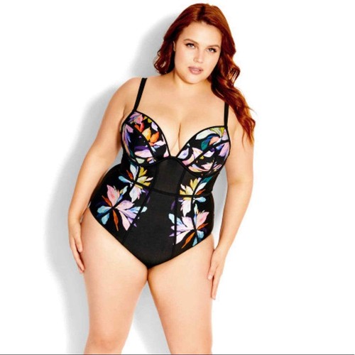 NWT CITY CHIC Paradise Print 1 Piece Swimsuit - black Size 22 Underwire