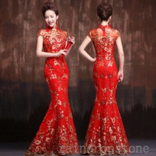 Women Chinese Ball Gown Cheongsam QiPao Fishtail Evening Wedding Long Dress HOT