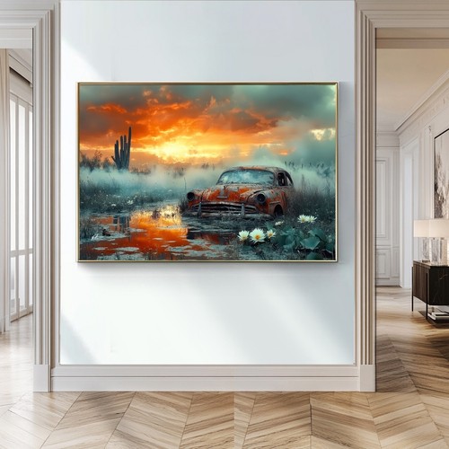 Leinwand Bild Rostiger Oldtimer Auto Landschaft Wandbilder XXL Wohnzimmer 7538A - Bild 2 von 9