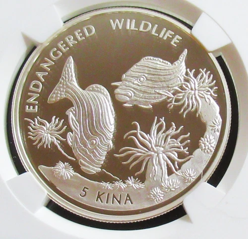 Papua New Guinea: 1997 Silver 5 Kina Ribbon Sweetlips Fish KM-39 NGC PF-69 UC.