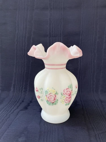 Fenton RUFFLED MELON VASE Hand Painted Signed L EVERSON Pink Yellow Roses GLASS