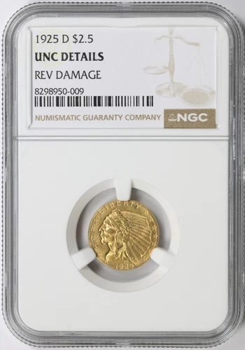 1925-D $2.5 Indian Gold Quarter Eagle NGC Unc Details Reverse Damage