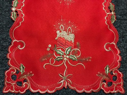 Red Christmas Embroidered Candle Bell Poinsettia Embroidery Placemat Runner Mat - Picture 7 of 7