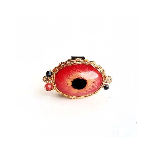 Glow in the Dark Red Orange and Gold Eye Adjustable Ring with Swarovski Crystals - Picture 4 of 8