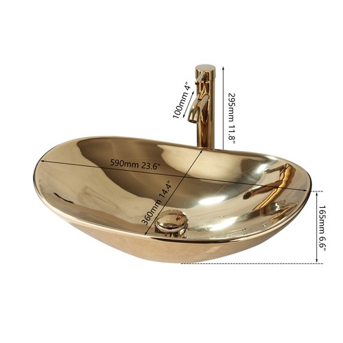 Large 23.6" Gold Bathroom Oval Ceramic Vessel Sinks Porcelian Bowl Mixer Tap Set - Picture 3 of 9