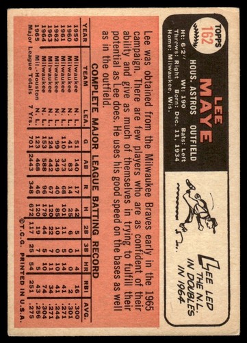 1966 TOPPS Lee Maye Houston Astros #162 R62 - Picture 2 of 2