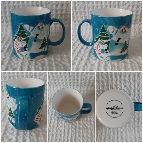 Taza de café Pat Olson muñeco de nieve estilo de vida hogar árbol de Navidad mitón azul blanco - Imagen 9 de 9