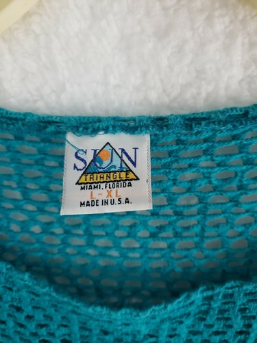 Swim beach cover vintage sun triangle miami florida mesh top L/XL Teal Cotton - Picture 2 of 4