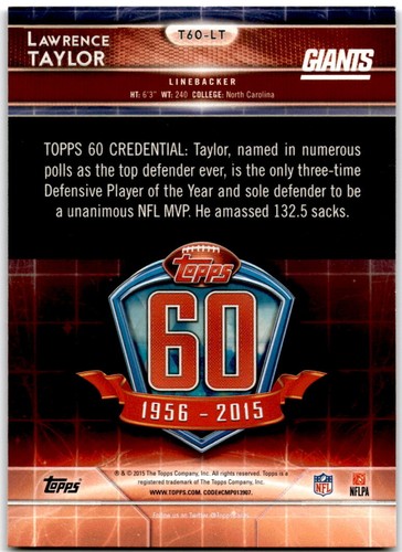 2015 Topps 60th Anniversary Lawrence Taylor New York Giants - Picture 2 of 2