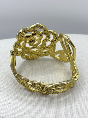 Multi Color Pastel Bead Rose Flower Leaf Yellow Gold Tone Hinged Cuff Bracelet - Picture 5 of 20