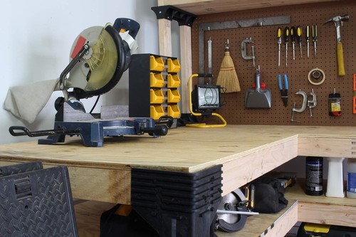 L-förmige Garagenwerkbank mit Regallink Aufbewahrungshalterung Kit strapazierfähiges Holz - Bild 5 von 10