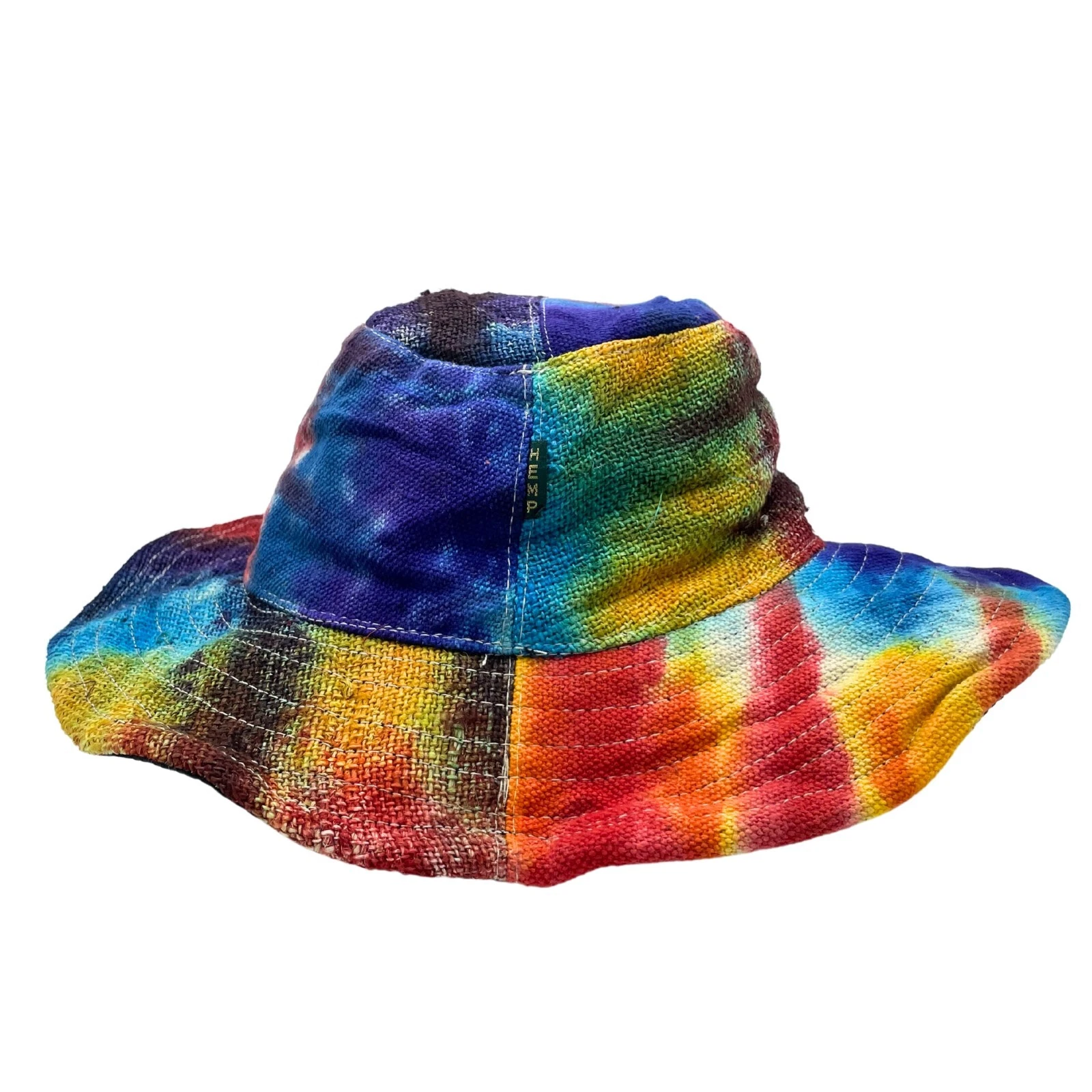 Tie-Dye Cotton & Hemp Patched Wide Brim Bucket Hat Beach Festival Sun Hippy