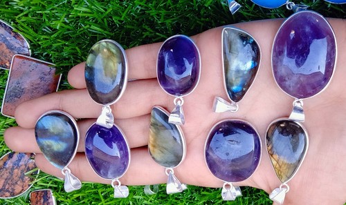 Elegant Labradorite & Mix Gemstone 925 Silver Plated Wholesale Pendant Lot Gift - Picture 3 of 3