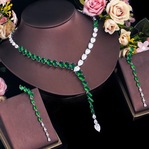 Único Conjunto de Joyería Collar Largo Colgante Pendientes Gota Verde Circonita Circonita para Mujer Boda - Imagen 7 de 17