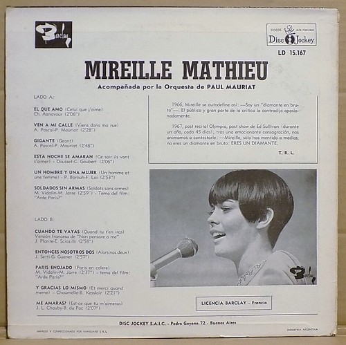 MIREILLE MATHIEU S/T Argentina LP 1967 Disc Jockey Chanson PAUL MAURIAT - Picture 2 of 6