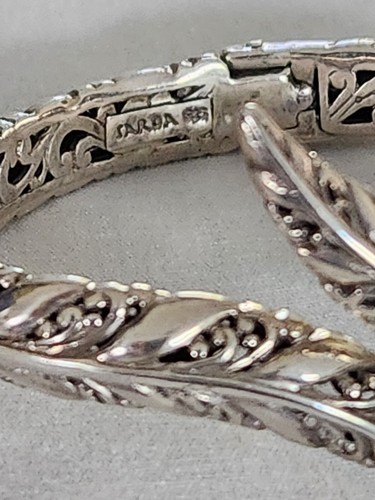 SARDA BALI Sterling Silver Leaf Oval Bypass Bangle Bracelet With Retention Hinge - Picture 7 of 14