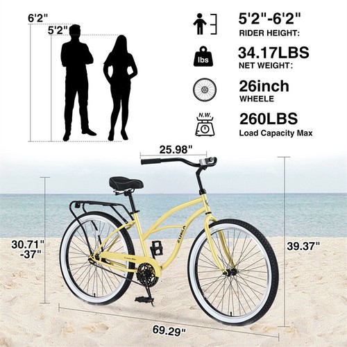 26" Beach Cruiser Yellow Bicycle Rear Coaster Brake Single Speed Women's Bike - Picture 2 of 7